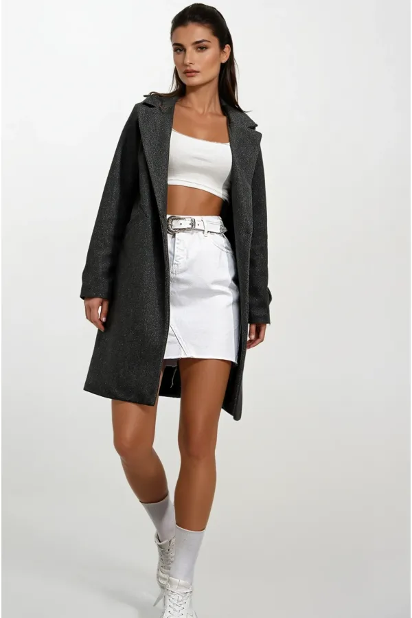 Kadın Antrasit Tek Düğmeli Çift Cepli Astarlı Şık Kaşe Kaban HZL23W-BD190851