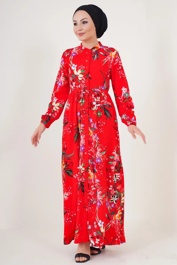 2144 Hakim Yaka Tesettür Elbise - A.Kırmızı