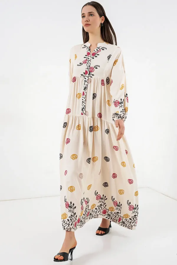 Robe longue hijab à motifs pour femme 2585 - Beige clair
