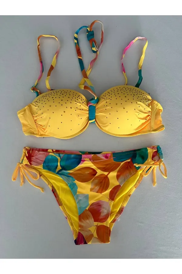 Ensemble bikini doublé brodé de pierres jaunes pour femme HZL25S-LC207