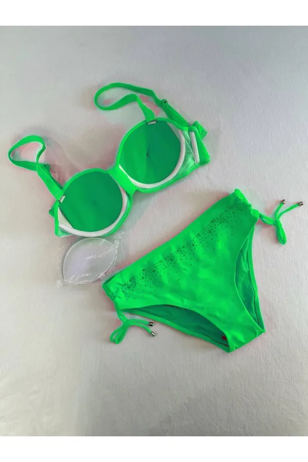 Ensemble bikini doublé brodé de pierres vert vif pour femme HZL25S-LC3361