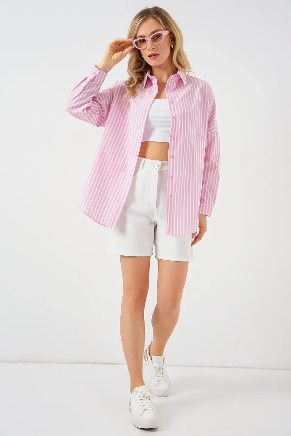 Kadın Çizgili Oversize Gömlek 20332 - Pudra