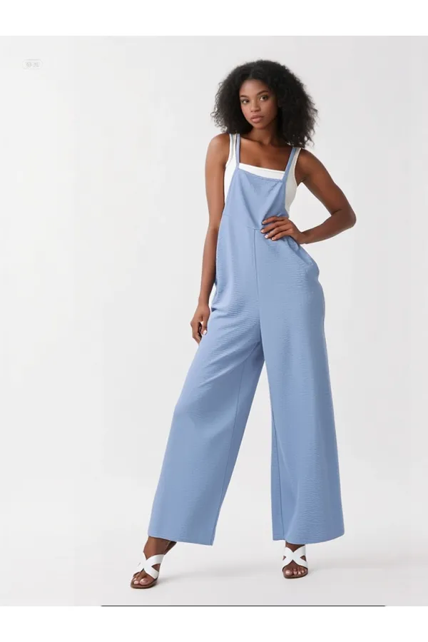 Kadın Buz Mavi Ayarlanabilir Askılı Cepli Bol Paça Bahçıvan Tulum HZL22S-BD170191