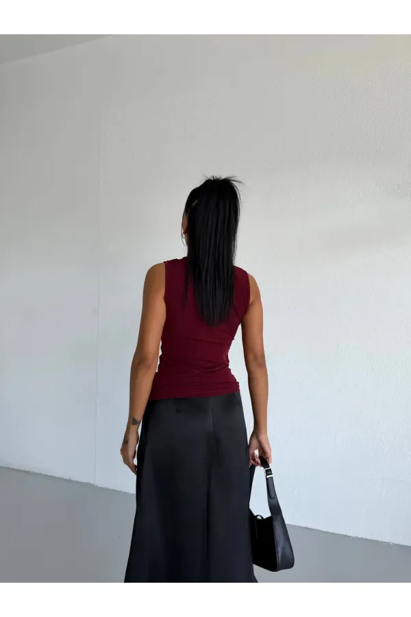 Kadın Bordo Tül Detay Degaje Yaka Yanlardan Drapeli Sandy Bluz HZL26S-FRY123791