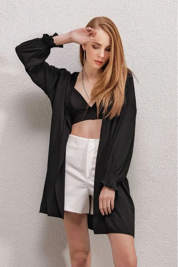 Women's Black Ruffle Sleeve Elastic Loose Kimono HZL23S-BD158821