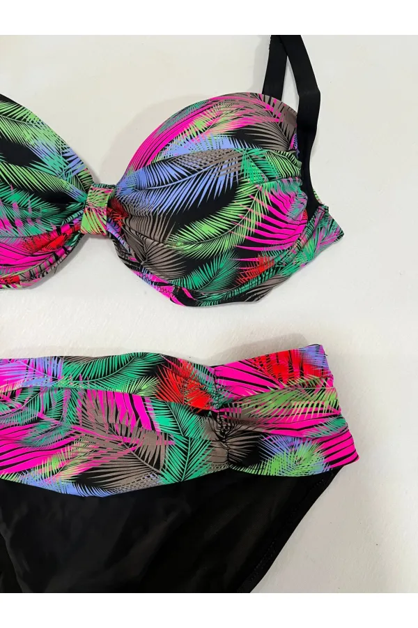 Women's Black Multicolor Patterned Lined Plus Size Bikini Set HZL25S-LC06