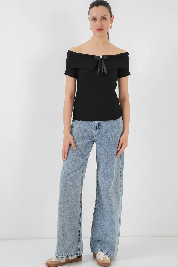 Kurdele Detaylı Örme Bluz 949 - Siyah