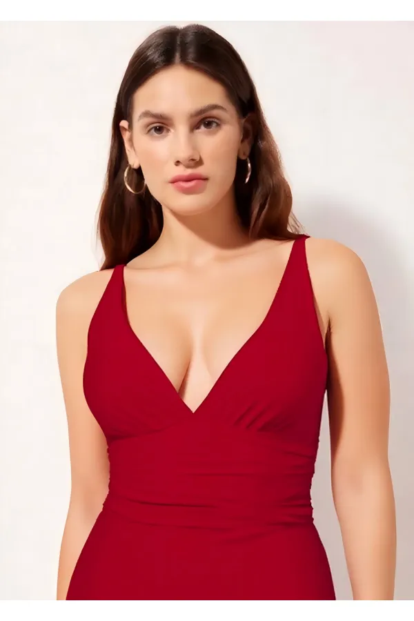 Maillot de bain rouge à bretelles fixes et bonnets amovibles pour femme, jupe-short froncée, HZL24S-AR1906