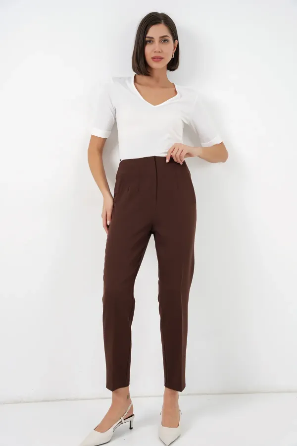 Pantalon en tissu taille haute 6650 - Marron