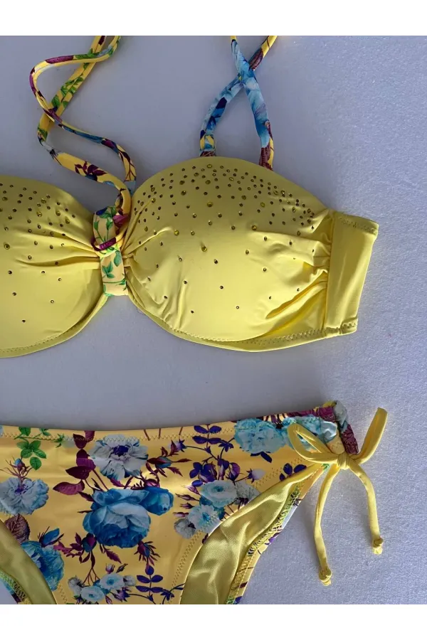 Kadın Sarı Taş İşlemeli Astarlı Bikini Takım HZL25S-LC208