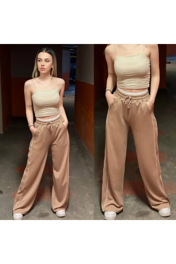Kadın Camel Cepli Beli Lastikli Kemer Detaylı Şeritli Bol Paça Model Eşofman Altı HZL24S-ZK13001