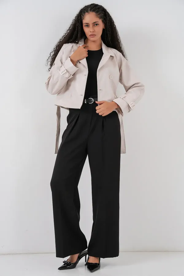 Women's Belted Faux Leather Jacket 1046 - Ecru