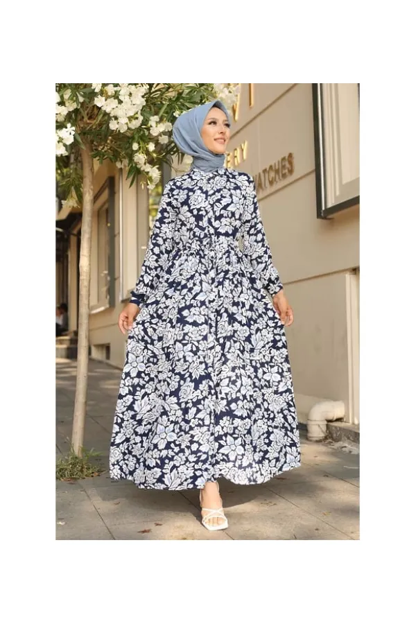 Kadın Lacivert Desenli Hakim Yaka Yazlık Uzun Elbise HZL25W-BD122971