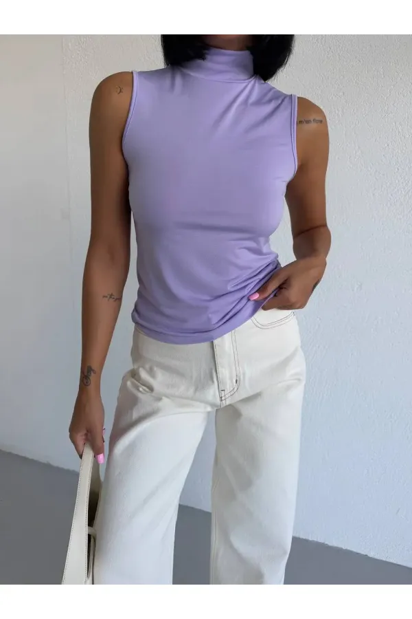 Women's Lilac Turtleneck Sleeveless Sandy Crop Blouse HZL26S-FRY123931 Women's Lilac Turtleneck Sleeveless Sandy Crop Blouse HZL26S-FRY123931