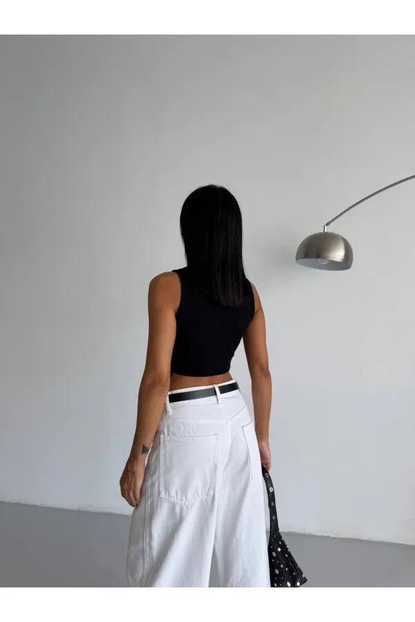 Kadın Siyah Fitilli Kaşkorse Crop Bluz HZL25S-FRY123171