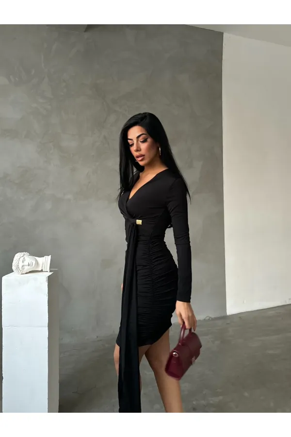 Kadın Siyah V Yaka Toka Ve Büzgü Detaylı Elbise HZL25W-FRY122611