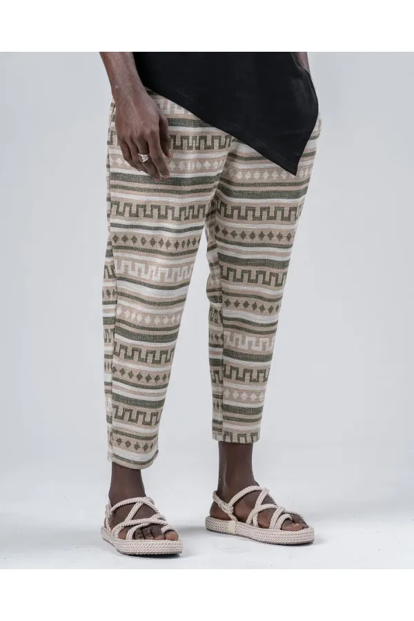 Men's Biscuit Khaki Patterned Tied Waist Straight Cut Trousers Sweatpants HZL24S-MXC8948-202