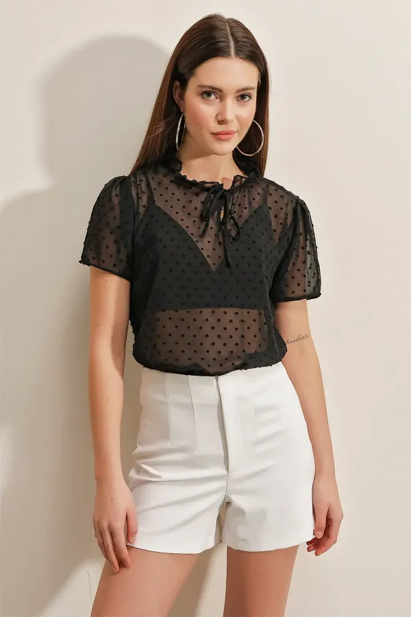 0455 Kısa Kol Şifon Bluz - Siyah