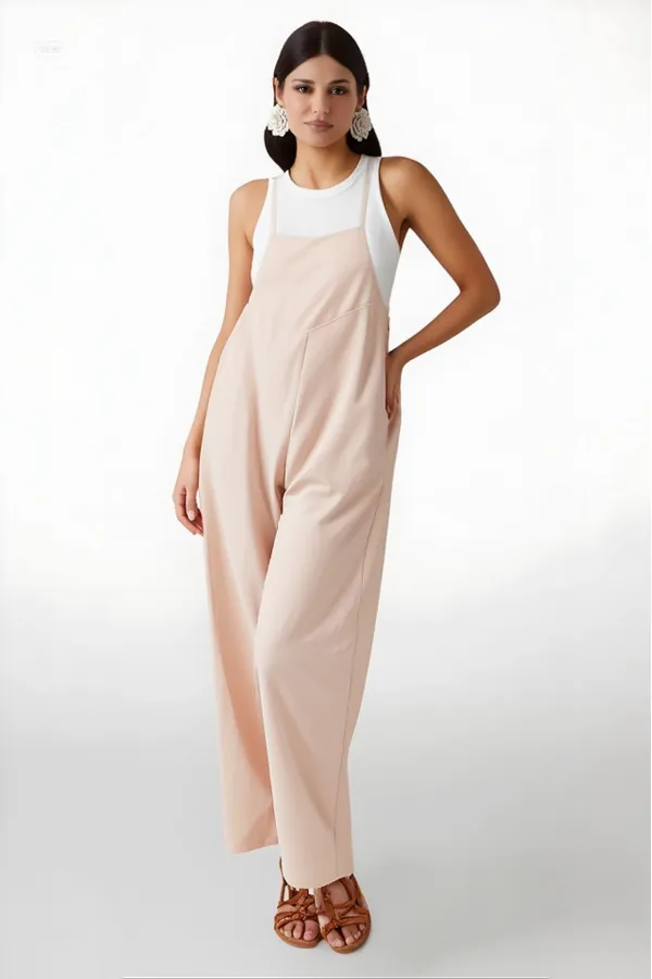 Kadın Krem Ayarlanabilir Askılı Cepli Bol Paça Bahçıvan Tulum HZL22S-BD170191