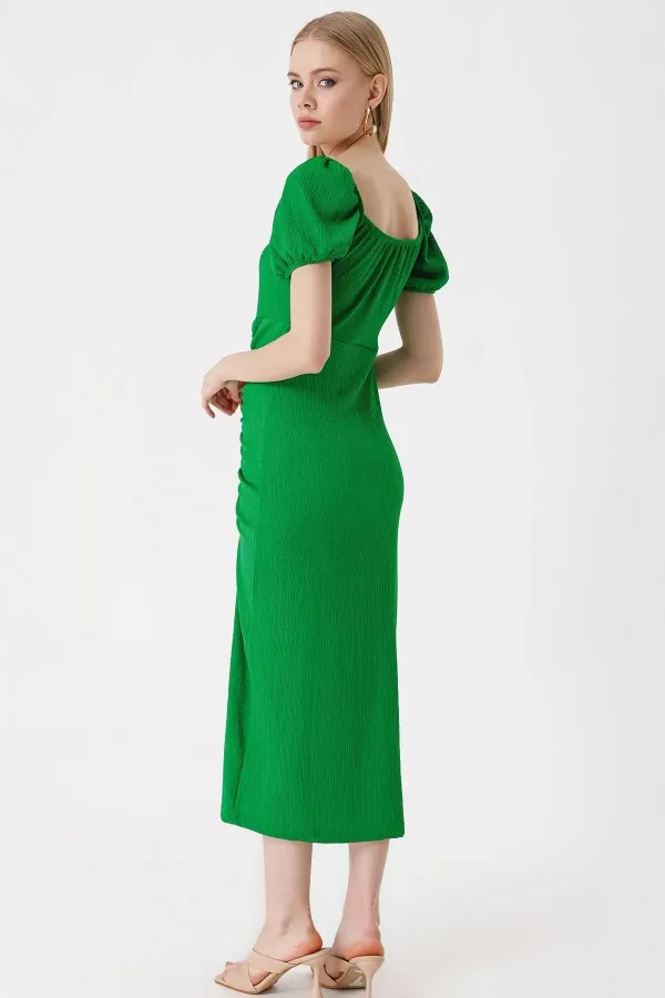 Kadın Koyu Yeşil Yırtmaçlı Yazlık Örme Elbise HZL23S-BD123961