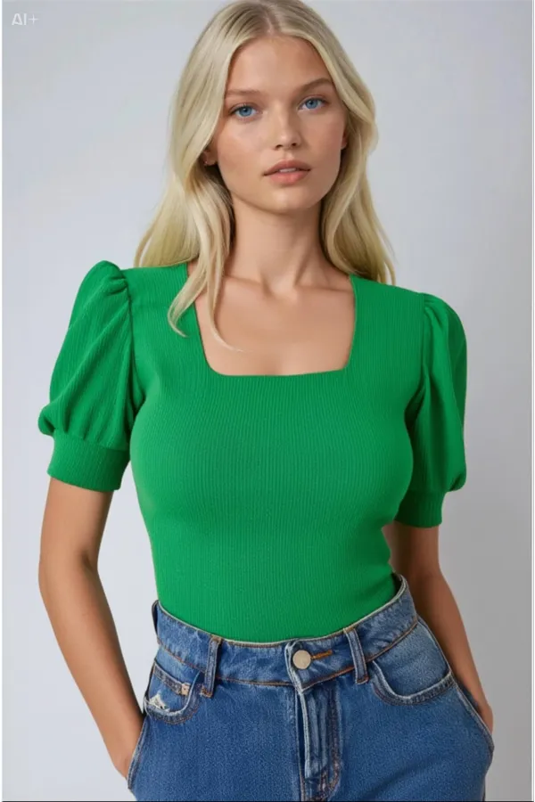 Kadın Yeşil Kare Yaka Örme Bluz HZL22W-BD104091