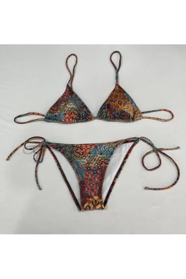 Ensemble bikini triangle dos nu à motif ethnique marron pour femme HZL25S-LC5005