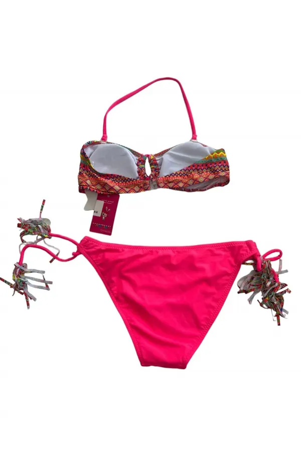 Kız Çocuk Fuşya Çok Renkli  İp Detaylı Astarlı 4-12 Yaş Üçgen Bikini Takım HZL24S-LC1904