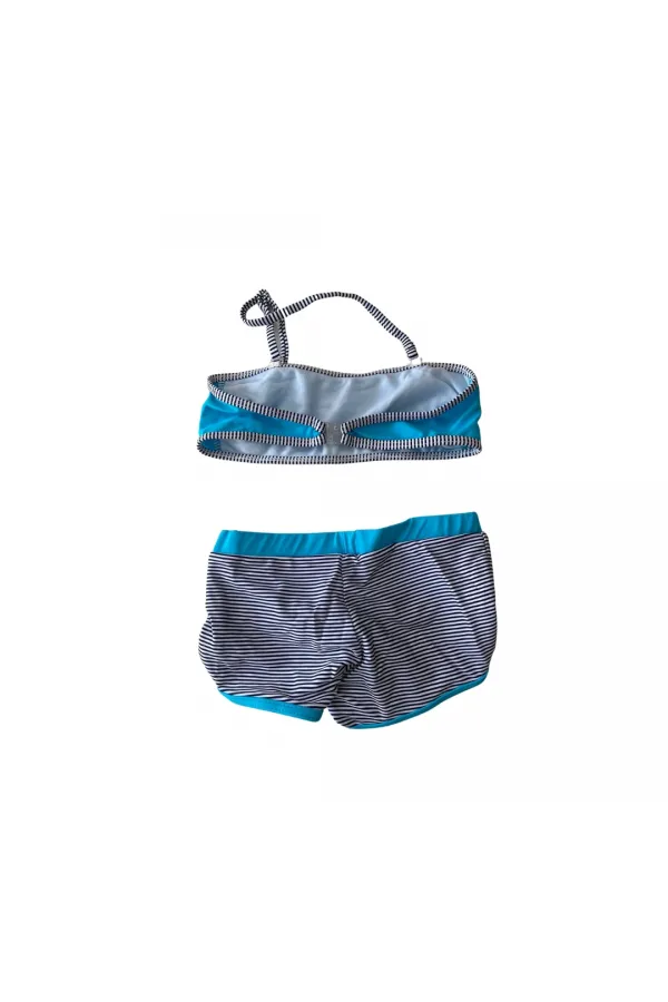 Kız Çocuk Mavi Siyah Çizgili Şortlu 4-12 Yaş Straplez Bikini Takım HZL24S-LC9034