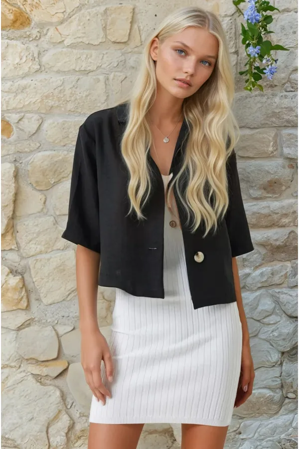 Veste Ayrobin en lin noir à manches courtes et col châle pour femme, boutonnée, HZL24S-BD107061