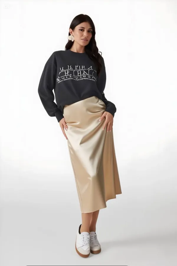 Women's Cream Satin Surface Elastic Waist Midi Skirt Hzl23s-bd1101471