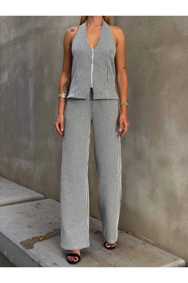 Kadın Siyah Çizgili Önü Fermuarlı Bluz Pantolon İkili Takım HZL25S-ZK13691