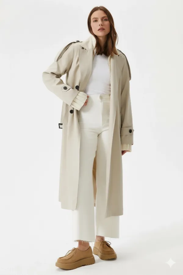 Kadın Krem Kruvaze Yaka Astarlı Kemerli Mevsimlik Trençkot HZL25W-BD159411