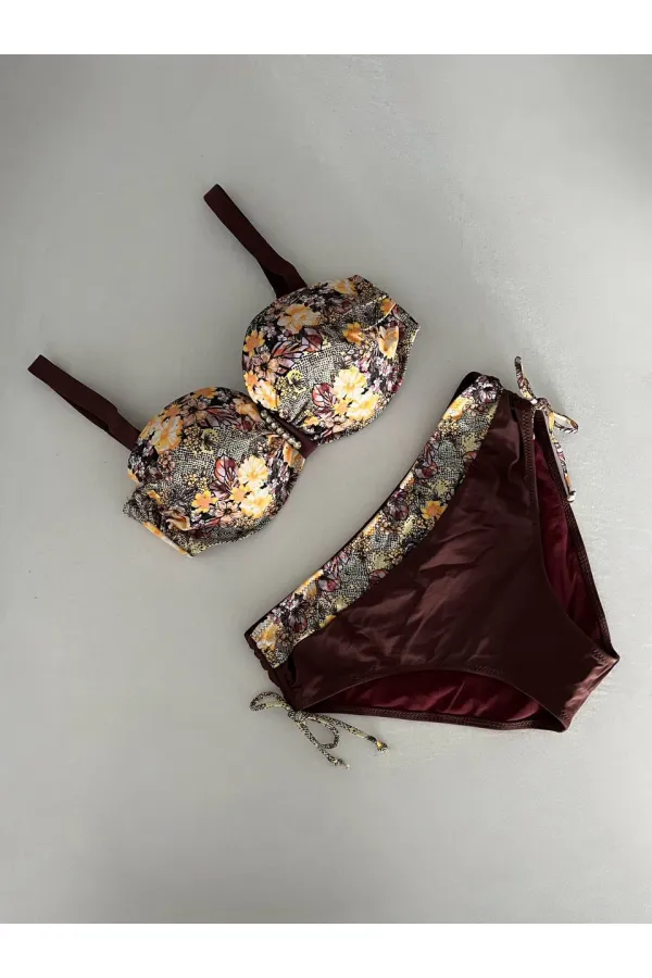 Kadın Kahve Çiçek Desenli Büyük Beden Astarlı Lacivert Bikini Takım HZL25S-LC3301