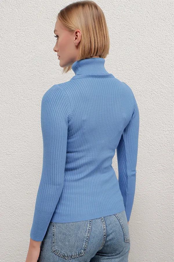 Pull col roulé côtelé bleu pour femme HZL22W-BD1445001