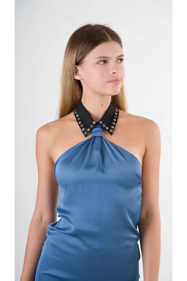 Kadın Mavi Halter Yaka Saten Kumaş Sırt Dekolteli Mini Elbise HZL24S-YY262