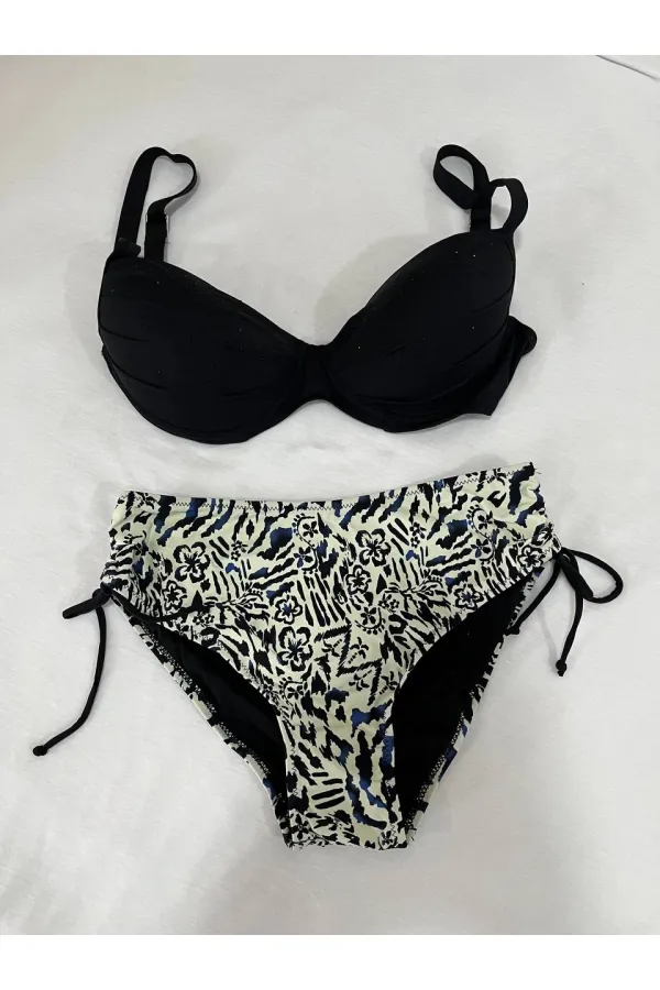 Kadın Siyah Taş İşlemeli Bej Desenli Astarlı Büyük Beden Bikini Takımı HZL25S-LC3351