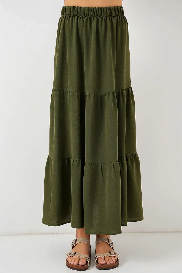 Kadın Haki Beli Lastikli Ayrobin Uzun Etek HZL25S-BD180481