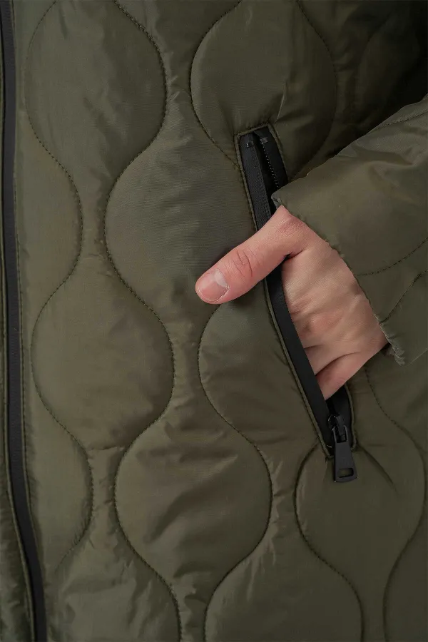 Kadın Haki Kapüşonlu Kapitone Uzun Şişme Mont HZL24W-BD151771