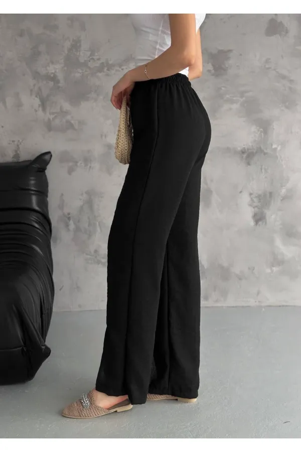 Kadın Siyah Lastikli Bel Yırtmaç Detaylı Cepsiz İthal Keten Astarsız Pantolon HZL24S-FRY121941