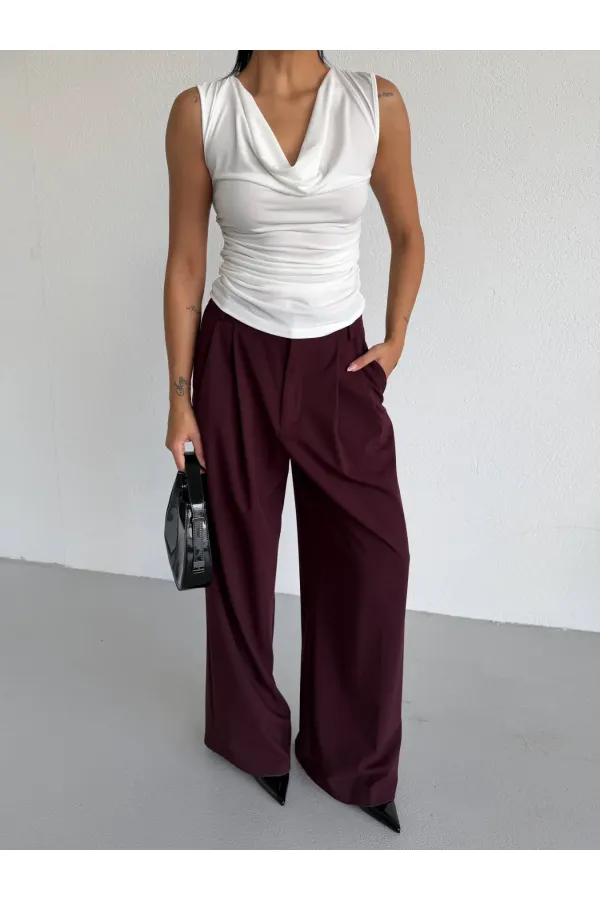 Kadın Beyaz Degaje Yaka Yanlardan Drapeli Sandy Bluz HZL25S-FRY123131