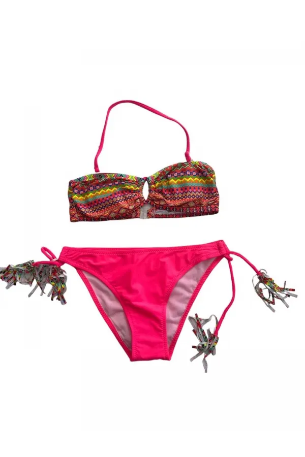 Kız Çocuk Fuşya Çok Renkli  İp Detaylı Astarlı 4-12 Yaş Üçgen Bikini Takım HZL24S-LC1904