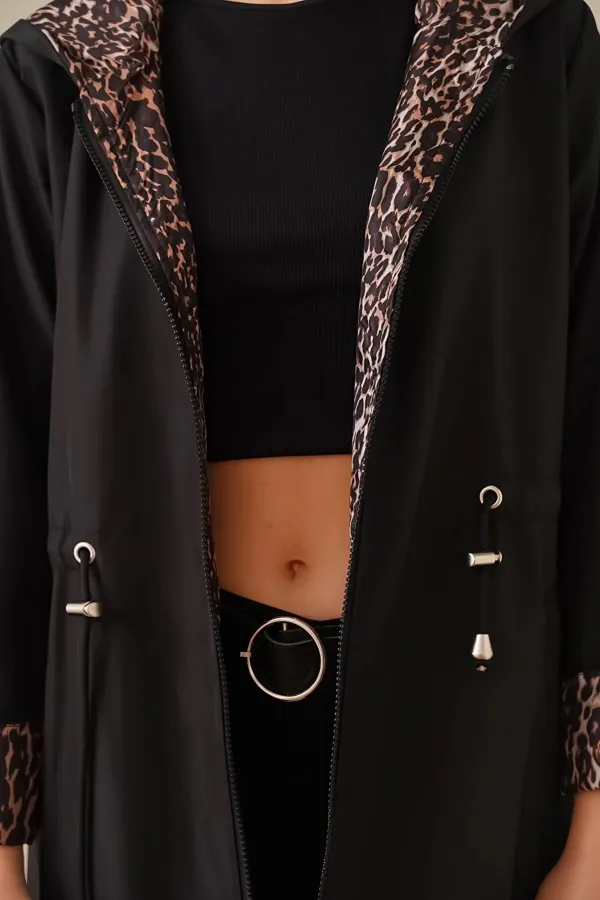 Trench-coat long à capuche et cordon de serrage pour femme, noir, motif léopard, HZL22W-BD190911