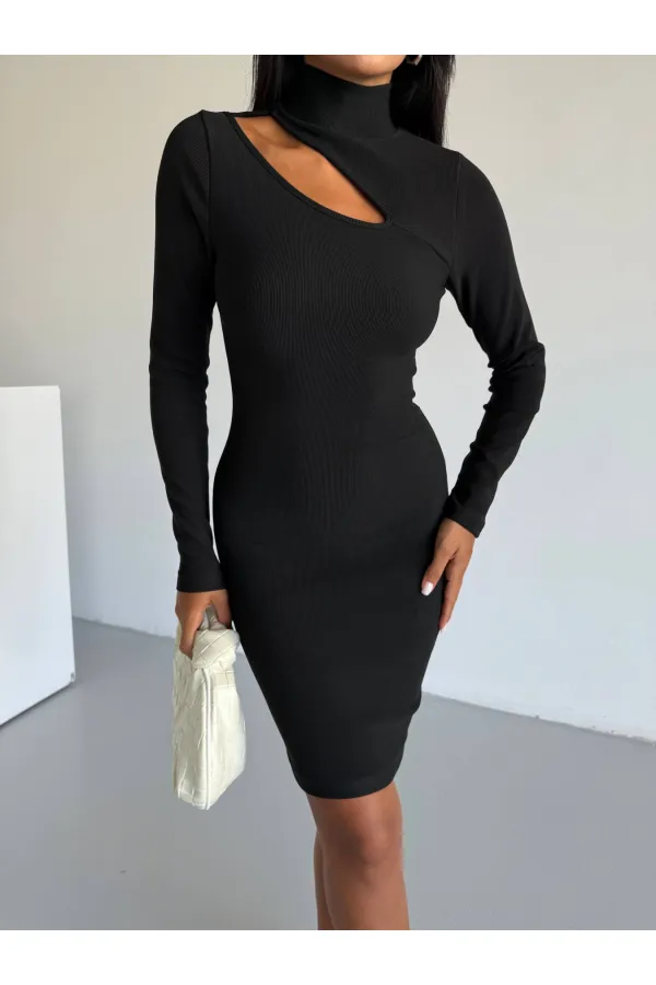 Kadın Siyah Boğazlı Uzun Kollu Ottoman Kumaş Elbise HZL25S-FRY123331