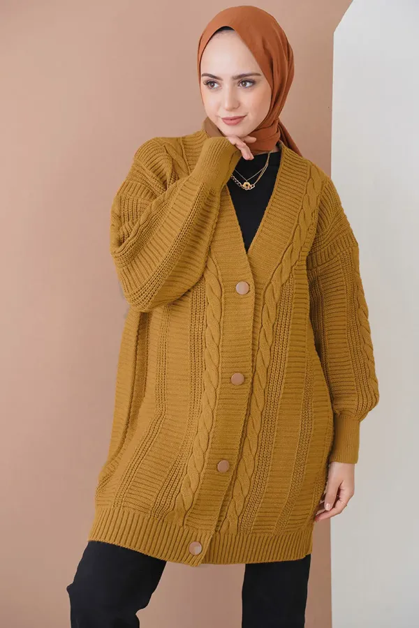 15768 Tesettür Triko Hırka - Hardal