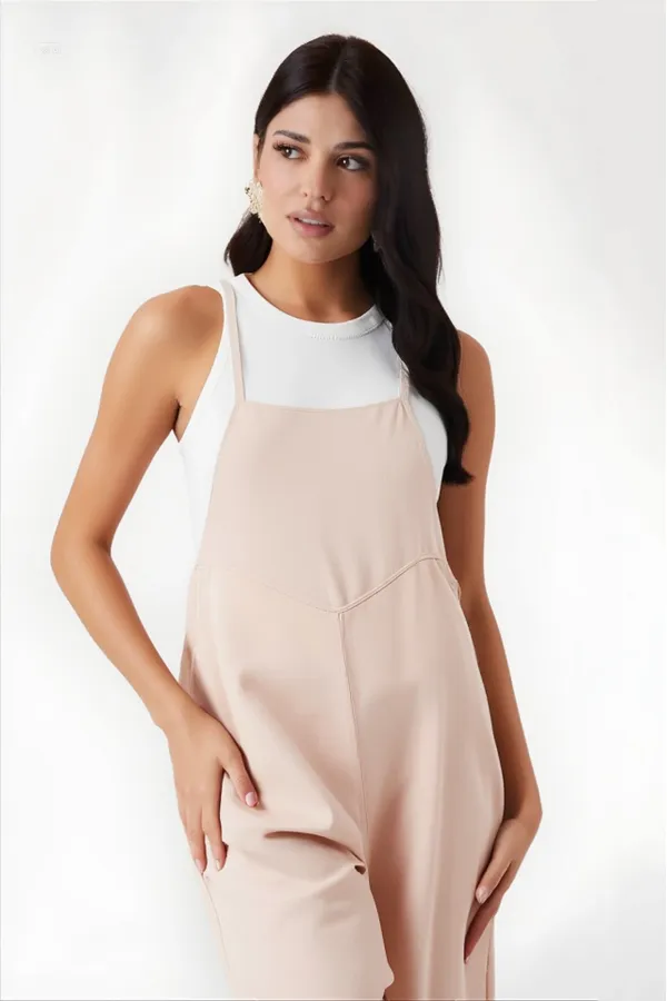 Kadın Krem Ayarlanabilir Askılı Cepli Bol Paça Bahçıvan Tulum HZL22S-BD170191