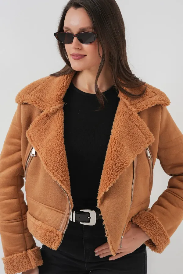 5155 Double-Breasted Faux Fur Leather Jacket - Dark Brown