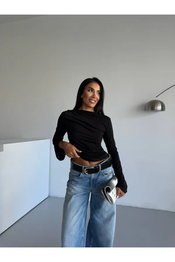 Kadın Siyah Drape Detaylı İspanyol Kol Sany Bluz HZL25W-FRY123431