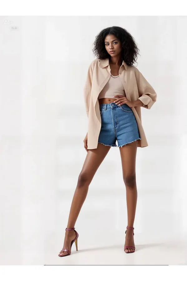 Kadın Bej Oversize Uzun Basic Gömlek HZL22W-BD139001