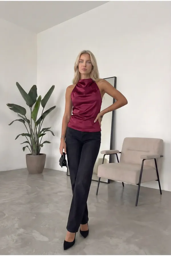 Women's Burgundy Halter Neck Satin Fabric Backless Blouse HZL26W-FRY123801