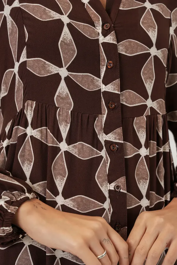 Kadın Desenli Uzun Tesettür Elbise 2585 - A.Kahve